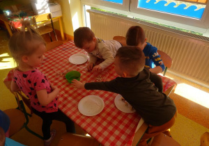 Dzieci segregują nasiona i cebulki ze względu na kształt i wielkość.